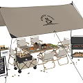Outdoor Camping Table and Chairs Set with Tent Coffee Break Setup and Grill
