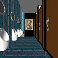 Public Restroom Interior With Blue Mosaic Tiles Urinals Stalls And Decorative Painting