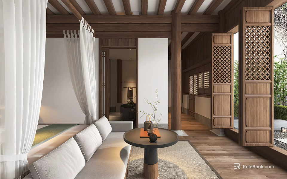Hotel Guest Room With Traditional Wooden Structure White Curtains Modern Sofa And Natural Light 3d model 
