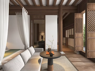 Hotel Guest Room With Traditional Wooden Structure White Curtains Modern Sofa And Natural Light 3d model
