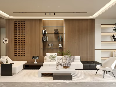 Modern Living Room Interior Design With White Sofa Wooden Wall And Coffee Table 3d model