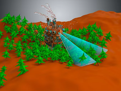 Futuristic Mechanical Device With Green Trees On Orange Terrain Emitting Blue Beams White Particles 3d model