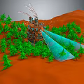 Futuristic Mechanical Device With Green Trees On Orange Terrain Emitting Blue Beams White Particles