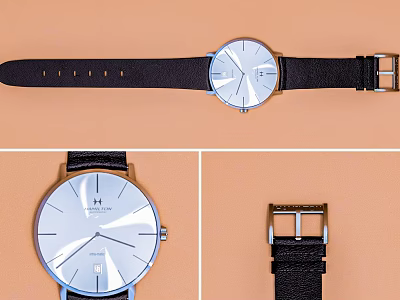 Minimalist Watch With Black Leather Strap White Dial And Silver Hands 3d model