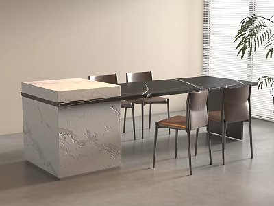 Modern Dining Table Set with Black Marble Tabletop Brown Leather Chairs Metal Legs and Blinds 3d model