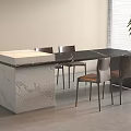 Modern Dining Table Set with Black Marble Tabletop Brown Leather Chairs Metal Legs and Blinds