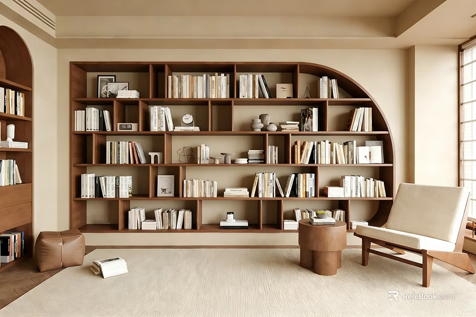 Modern Minimalist Room Interior With Large Curved Bookshelf Filled With Books And Armchair 3d model 