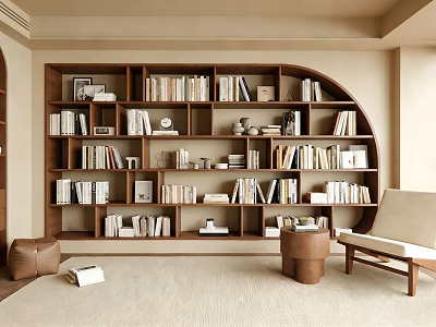 Modern Minimalist Room Interior With Large Curved Bookshelf Filled With Books And Armchair 3d model