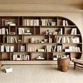 Modern Minimalist Room Interior With Large Curved Bookshelf Filled With Books And Armchair