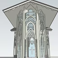Ancient Gothic Architecture with Pointed Arch Windows Carved Decorations and Cross and Skylight on Roof