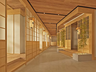 Japanese Style Hotel Corridor With Wooden Ceiling Shoji Doors Lanterns And Green Plants 3d model