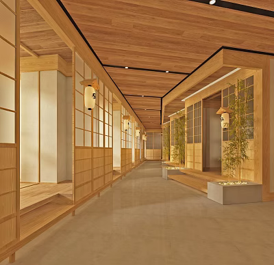 Japanese Style Hotel Corridor With Wooden Ceiling Shoji Doors Lanterns And Green Plants 3d model