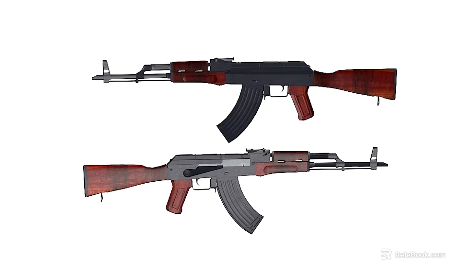 Pair of AK Assault Rifles With Wooden Stock Black Barrel And Magazine 3d model 