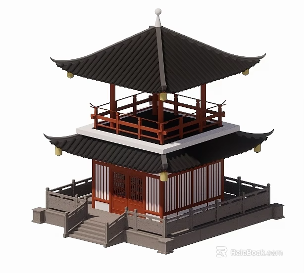 Traditional Ancient Chinese Pavilion Featuring Two Story Black Tiled Roof Red Railings And Stone Steps 3d model 