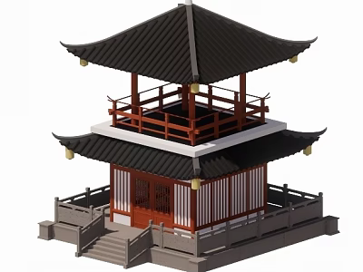 Traditional Ancient Chinese Pavilion Featuring Two Story Black Tiled Roof Red Railings And Stone Steps 3d model