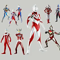 Multiple Ultraman Characters in Colorful Suits with Dynamic Poses on White Background