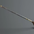 Long Handle Ornate Weapon With Metallic Bull Head Design And Gold Accents