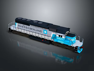 Maersk Sealand Train Locomotive With Blue And White Exterior And Black Top Design 3d model