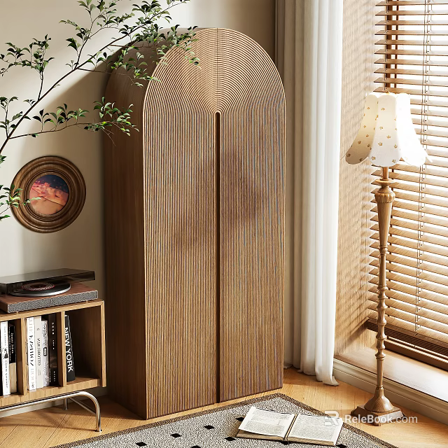Modern Wooden Wardrobe With Arched Door Wood Grain Design Near Window Blinds And Floor Lamp 3d model 