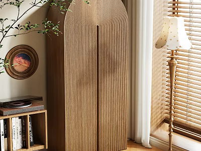 Modern Wooden Wardrobe With Arched Door Wood Grain Design Near Window Blinds And Floor Lamp 3d model