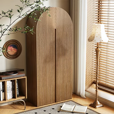 Modern Wooden Wardrobe With Arched Door Wood Grain Design Near Window Blinds And Floor Lamp 3d model