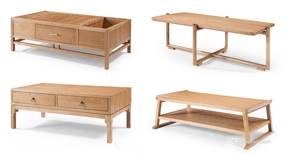 Modern Minimalist Wooden Coffee Tables With Drawer Storage And Cross Leg Design 3d model 