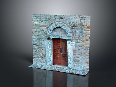 Stone Wall Gate With Arched Top Red Wooden Door And Carved Stone Details 3d model