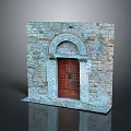Stone Wall Gate With Arched Top Red Wooden Door And Carved Stone Details