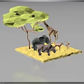 Low Poly Safari Animals Featuring Giraffe Elephant Rhinoceros Deer With Green Tree On Yellow Ground