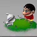 Cartoon Boy Playing With Little White Dog On Green Grass Field