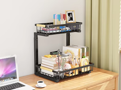 Modern Two Tier Metal Storage Shelf with Books Photo Frame and Stationery on Wooden Desk 3d model