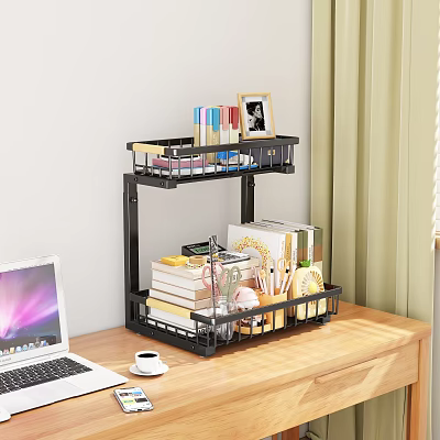 Modern Two Tier Metal Storage Shelf with Books Photo Frame and Stationery on Wooden Desk 3d model