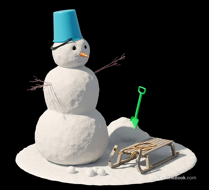 Snowman With Blue Hat Carrot Nose Stick Arms Green Shovel And Wooden Sled 3d model 