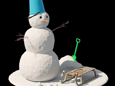 Snowman With Blue Hat Carrot Nose Stick Arms Green Shovel And Wooden Sled 3d model