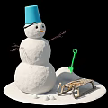 Snowman With Blue Hat Carrot Nose Stick Arms Green Shovel And Wooden Sled