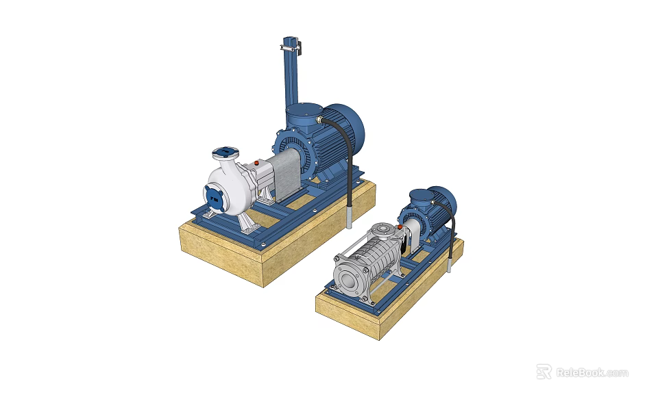 Industrial Equipment Pumps Featuring Blue And Silver Components On Wooden Base 3d model 