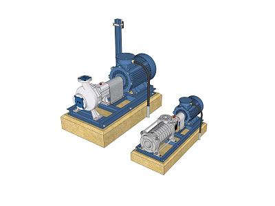 Industrial Equipment Pumps Featuring Blue And Silver Components On Wooden Base 3d model