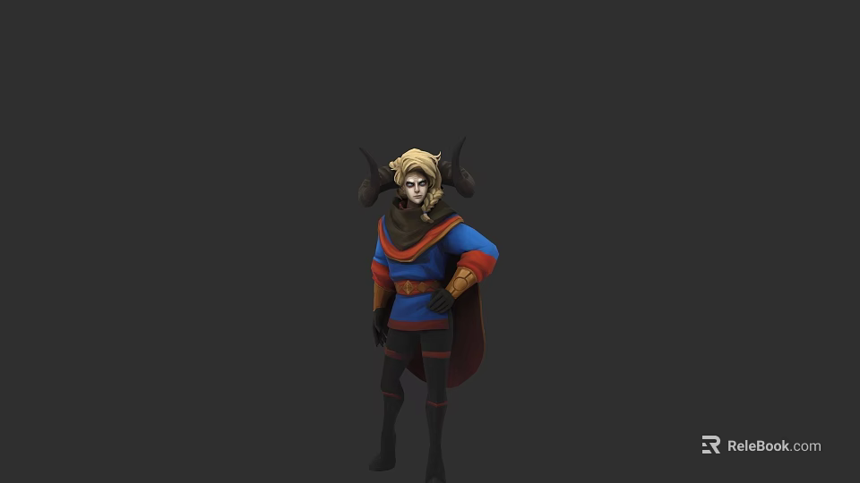 Mystical Game And Movie Character With Blonde Hair Horns Blue Red Outfit And Cloak 3d model 