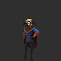 Mystical Game And Movie Character With Blonde Hair Horns Blue Red Outfit And Cloak
