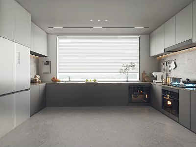 Modern Kitchen Interior Design With Gray Cabinets Large Window And Stainless Steel Appliances 3d model