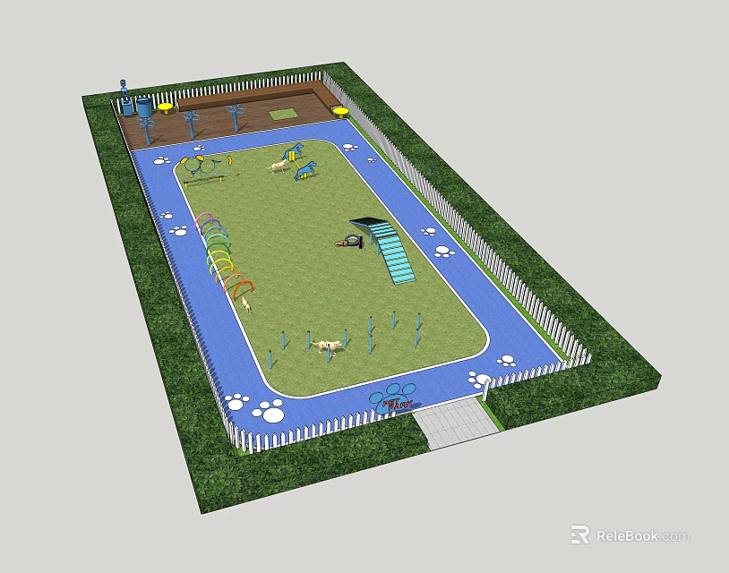 Outdoor Pet Play Space Featuring Grassy Area Blue Path Fence And Greenery 3d model 