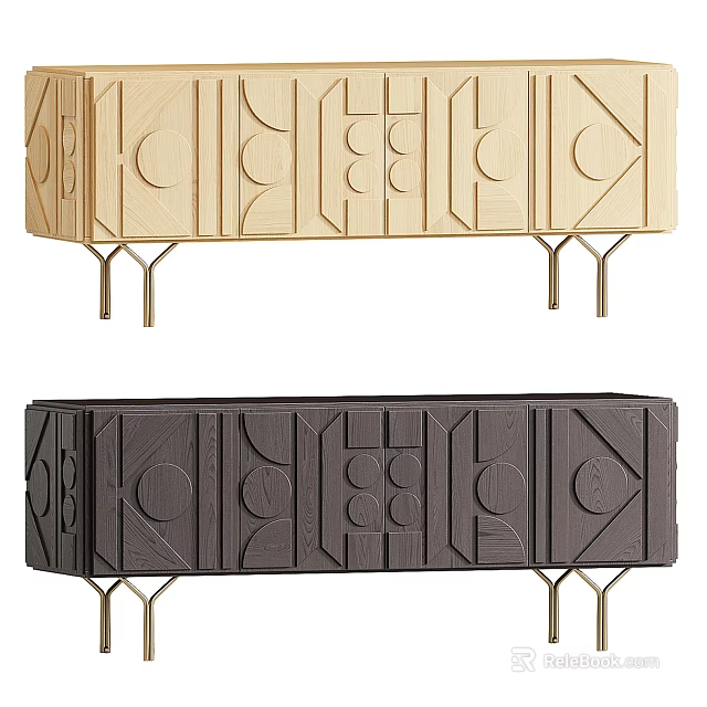 Modern Wooden TV Stand With Geometric Patterns And Metal Legs In Light Dark Tones 3d model 