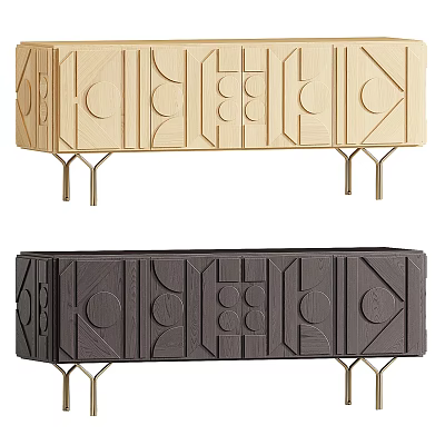 Modern Wooden TV Stand With Geometric Patterns And Metal Legs In Light Dark Tones 3d model