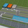Aerial View of Urban Commercial Zone With Parking Lot Buildings Cars and Green Surroundings