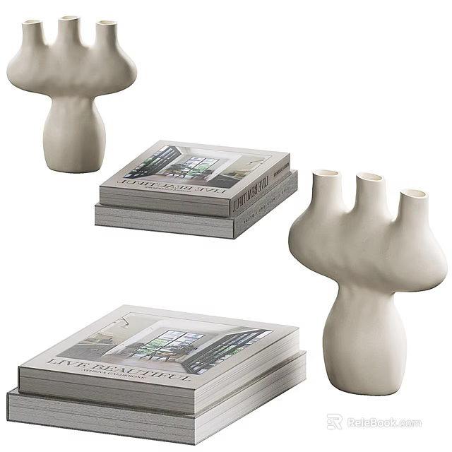 Stacked Coffee Table Books On Living Space With Decorative Ceramic Sculptures 3d model