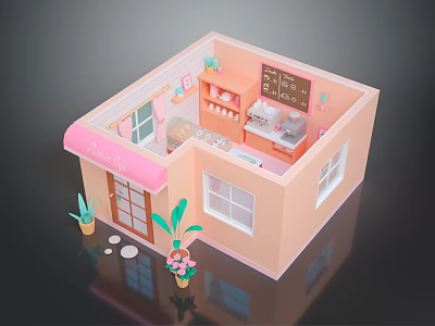 Cute Cat In Pink Cafe Model With Kitchen Interior And Outdoor Plants 3d model