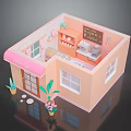 Cute Cat In Pink Cafe Model With Kitchen Interior And Outdoor Plants