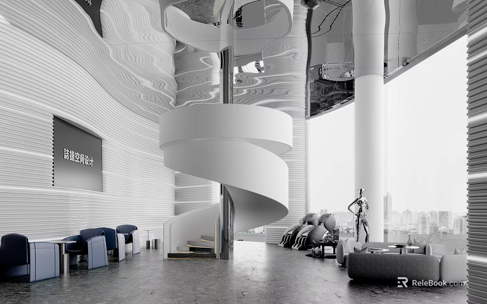 Modern Reception Area Interior With Spiral Staircase Sofas Large Windows And City View 3d model