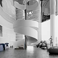 Modern Reception Area Interior With Spiral Staircase Sofas Large Windows And City View 3d model