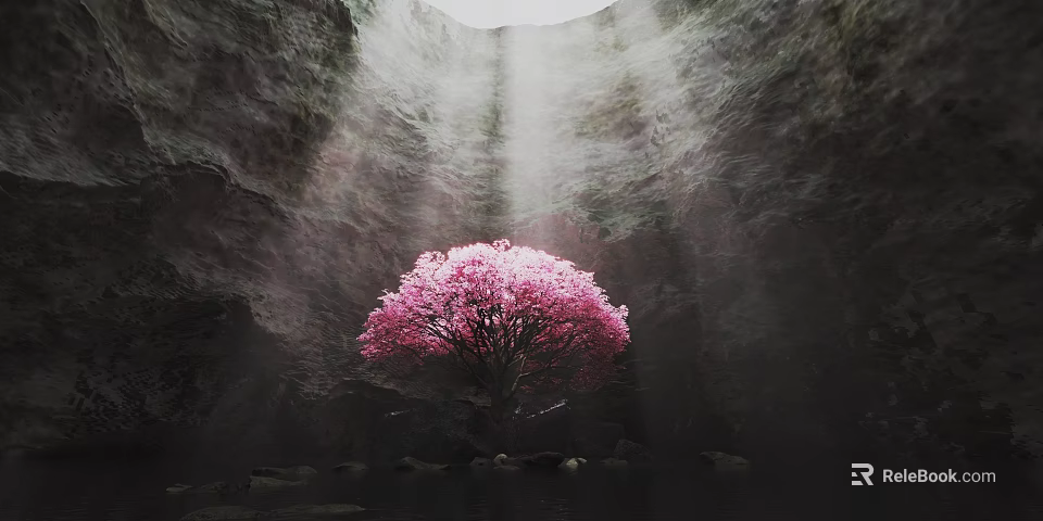 Garden Landscape With Pink Flowering Tree In Cave Setting Overhead Light Rays And Rocky Water 3d model 
